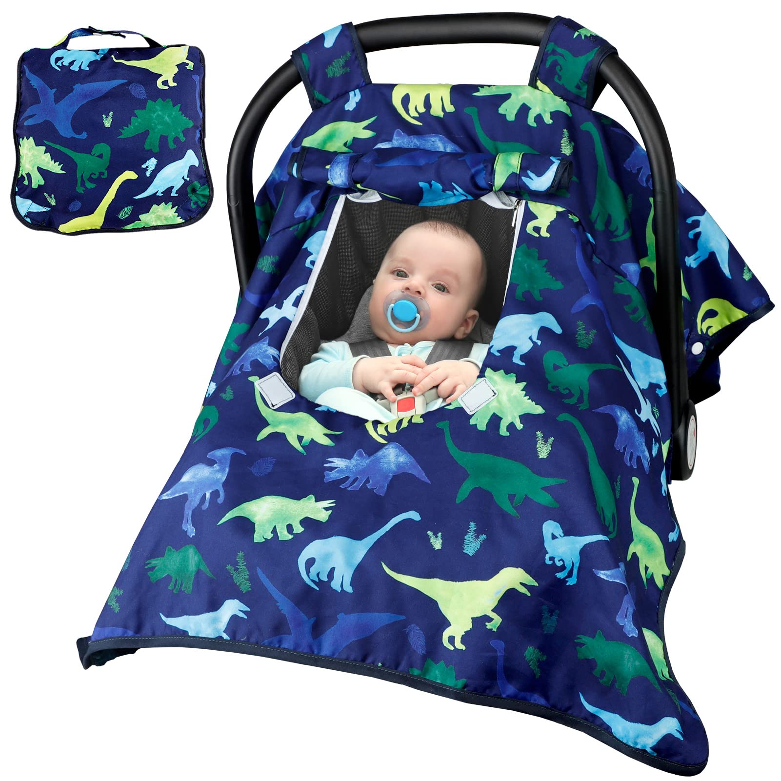 Carseat Cover Boy, Winter Baby Carseat Seat Cover, Carseat Canopy Cozy & Warm Cover with Peep Windows, Blue Dinosaur Stuff