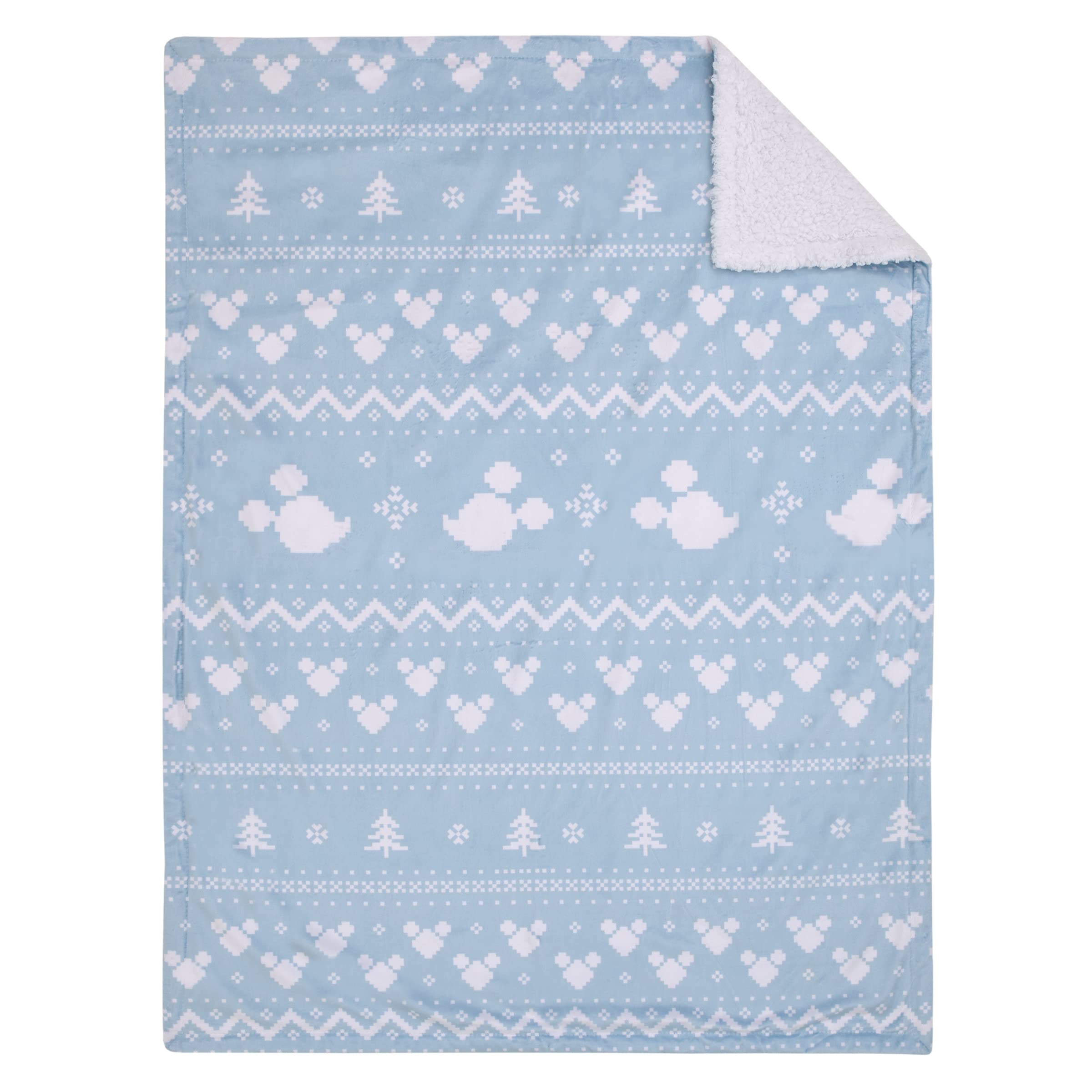 Disney Mickey Mouse Blue and White Winter Christmas Holiday Super Soft Sherpa Baby Blanket