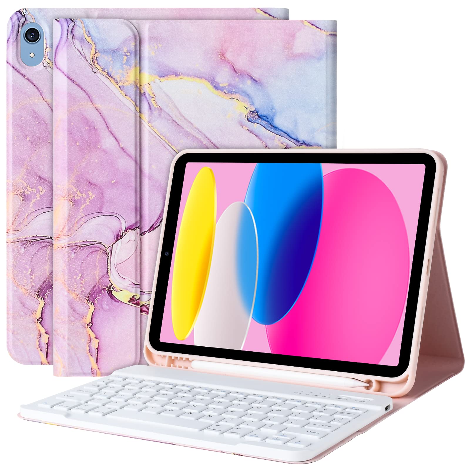 ZXA Keyboard Case for iPad 10th Generation 10.9", 2022/2023, for iPad Case 10th Gen Keyboard, Detachable Keyboard Case - Pencil Holder - for iPad Case Keyboard 10th Gen, Marble Pink