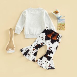 Youweixiong Toddler Baby Girl Fall Winter Clothes Set Letter Print Pullover Sweatshirt Top+Cow Spot Flared Pants Bell Bottom Outfits (Gray, 2-3T)