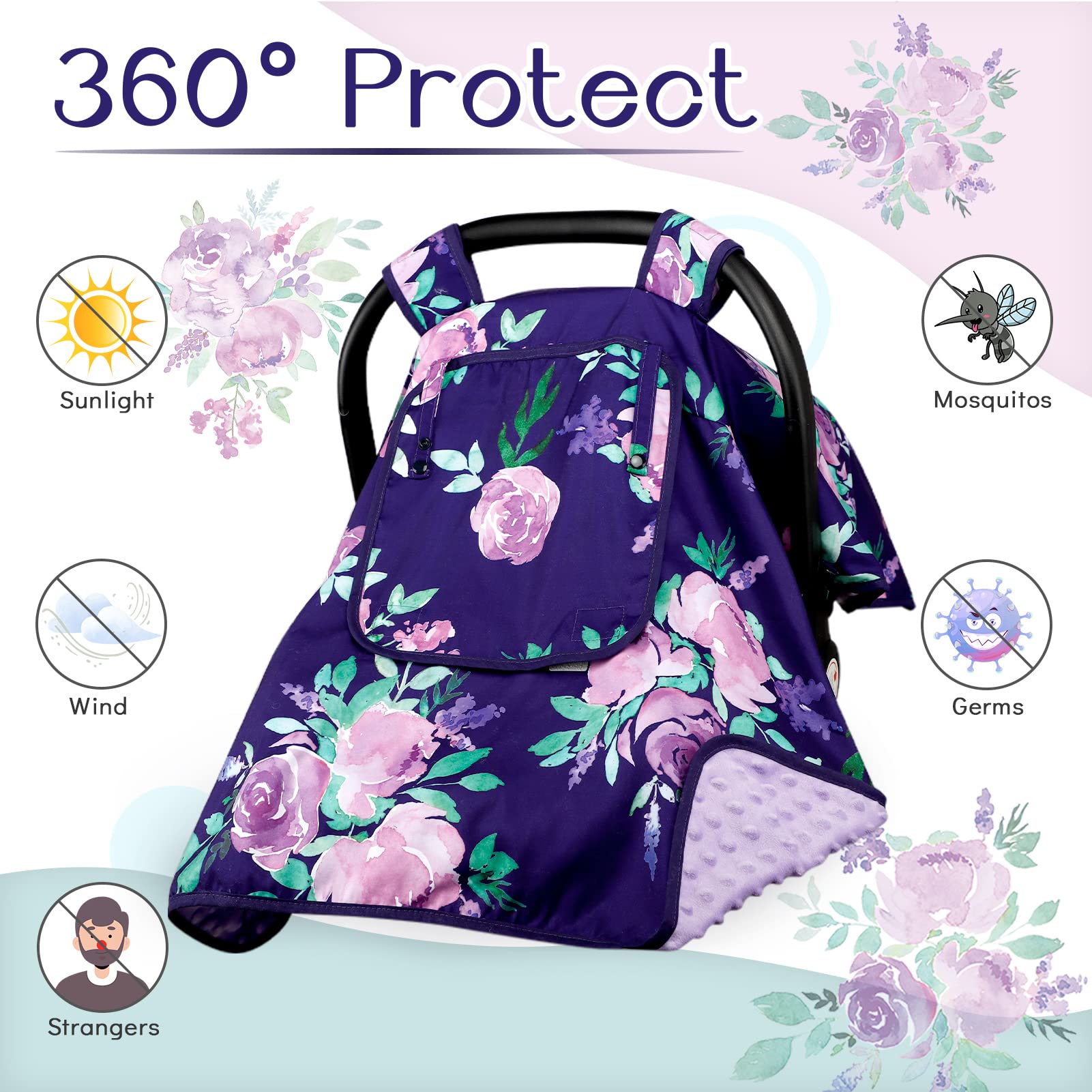 Baby Carseat Seat Cover Girls, Winter Carseat Canopy, Cozy & Warm Cover with Zipper Peep Windows, Infant Minky Carrier Cover, Soft Breathable, Baby Must Have, Purple Stuff