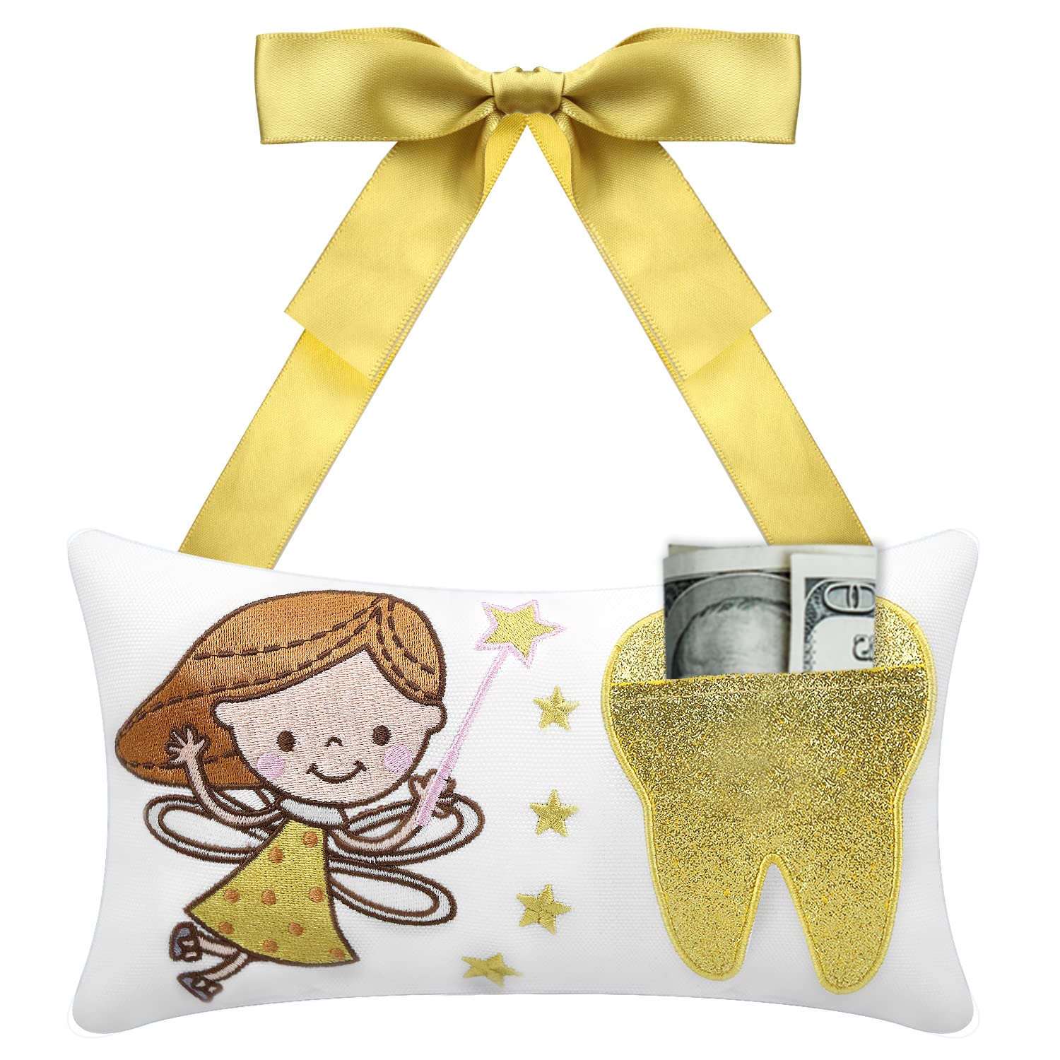 Malihome Tooth Fairy Pillow with Pocket for Girls and Boys Kids Tooth Pillow Toothfairy Gifts Tooth Keepsake Pouch 8.6 x 4.8 inches (for Girls)