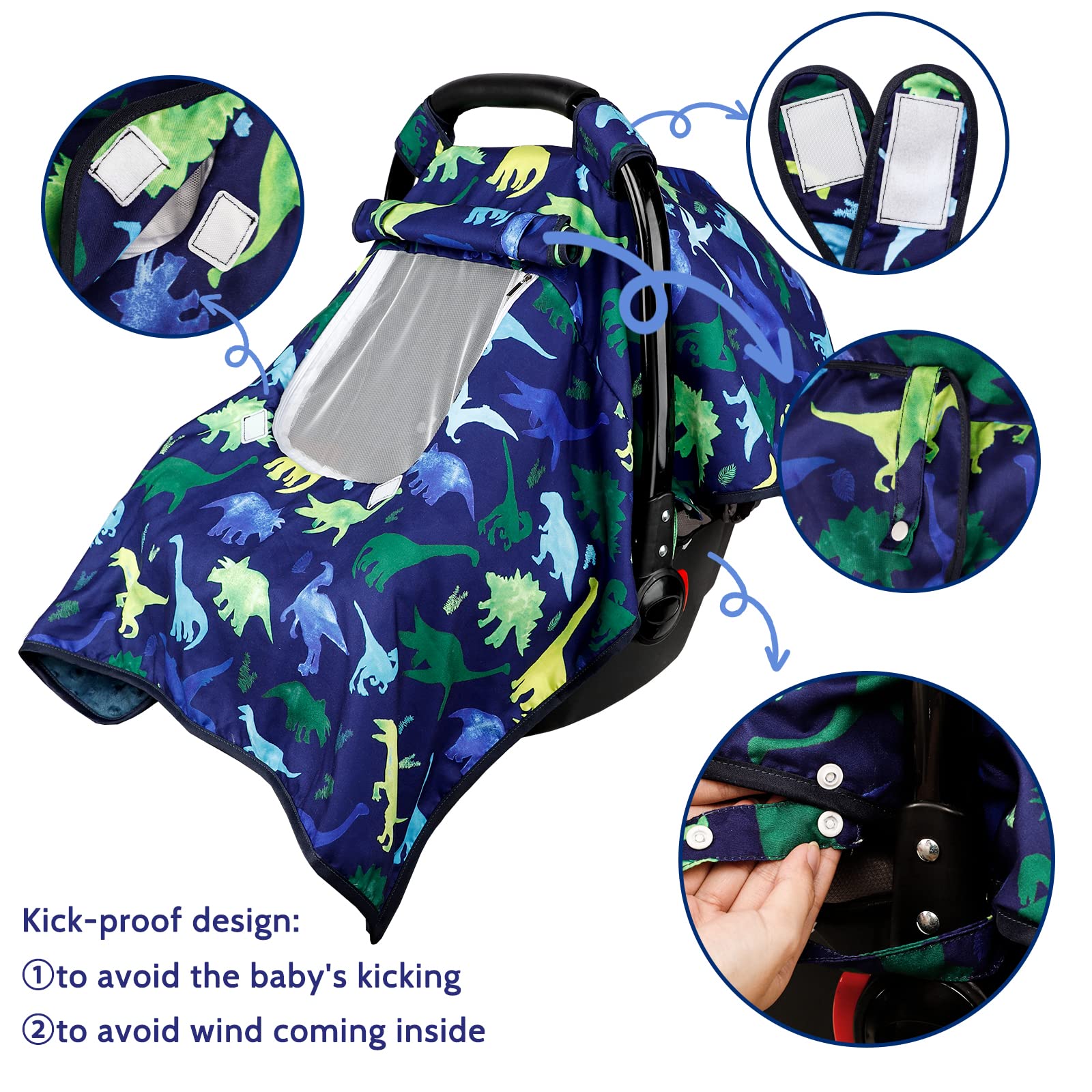 Carseat Cover Boy, Winter Baby Carseat Seat Cover, Carseat Canopy Cozy & Warm Cover with Peep Windows, Blue Dinosaur Stuff