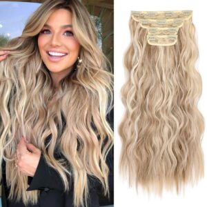 REECHO Hair Extensions, 20 Inch 4PCS Synthetic Fiber Clip in Hair Extensions Natural Soft Hairpieces for Women, Dark Blonde with Highlights