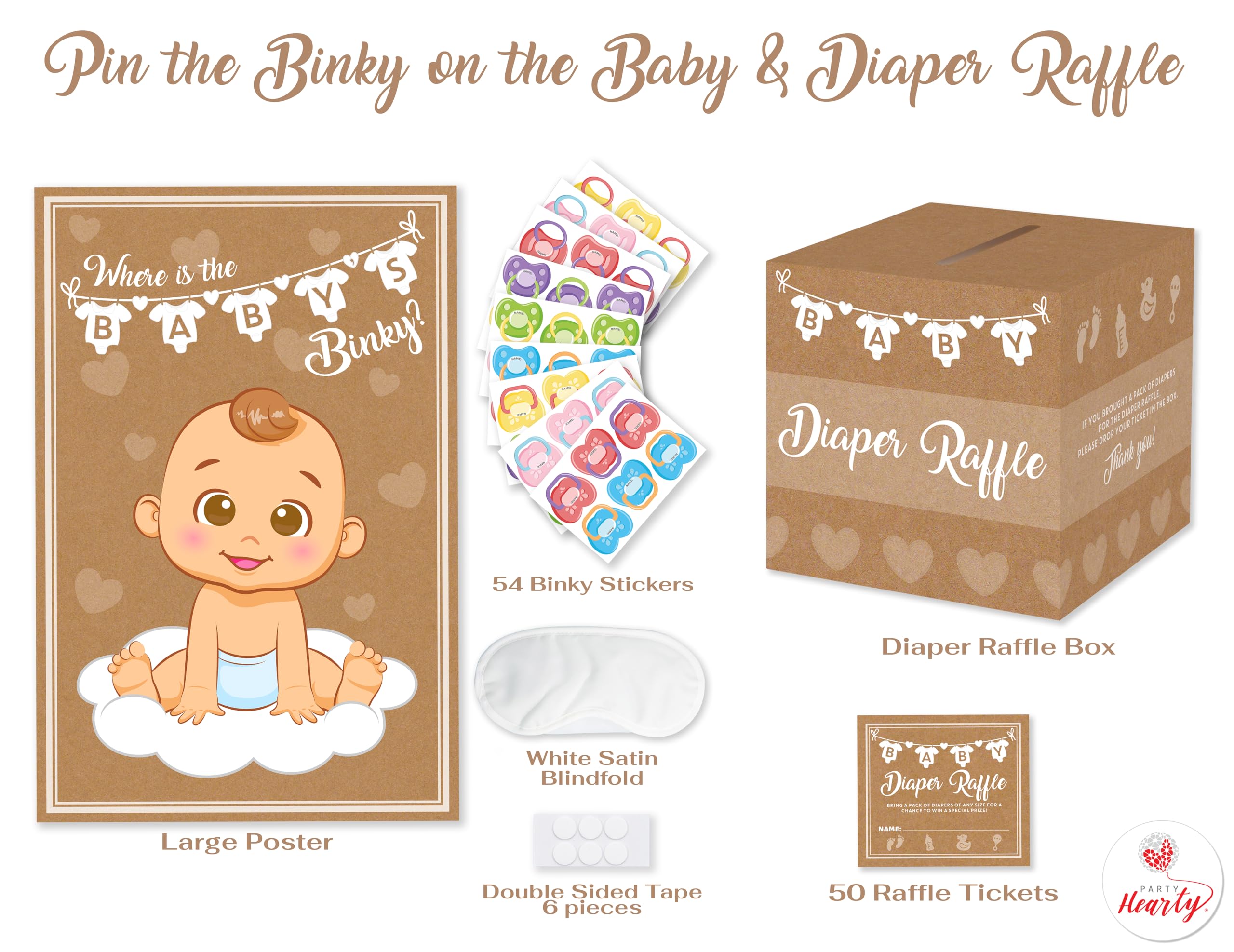 Party Hearty 2 Baby Shower Games, Pin The Pacifier on The Baby Game and 50 Pcs Diaper Raffle Tickets with Box, Bring a Pack of Diapers to Win, Pin The Binky on The Baby