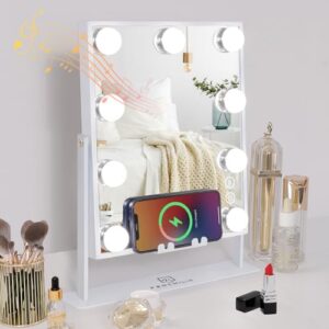 fenchilin white hollywood vanity mirror with lights 9 dimmable bulbs wireless charger speaker makeup mirror with smart touch control for glam room bedroom detachable 10x magnification