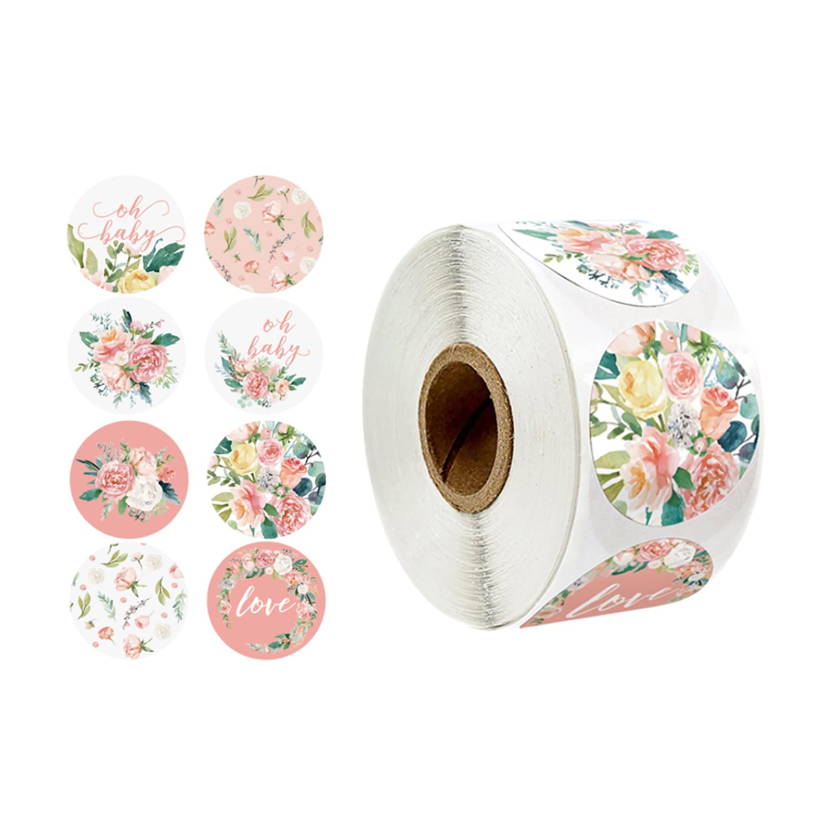 500 Pcs Floral Love Stickers Roll Flowers Paper Labels Floral Round Baking Stickers for DIY Craft Card Festival Decoration Party Gift