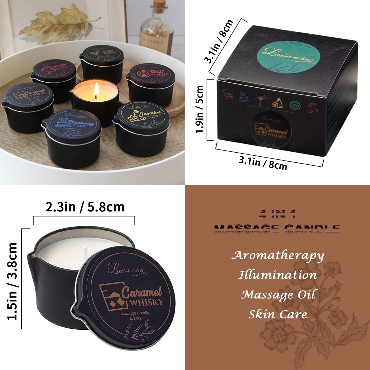 LUXMASA Soybean Wax Warming Massage Oil Candle for Stress Relief and Skin Moisturizing, Romantic Gift SPA Use Home Scented Candle Body Oil Caramel Whisky Scent 2.35 OZ