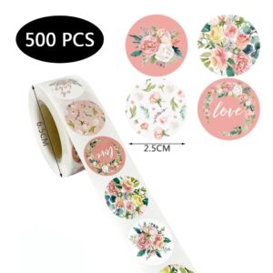 500 Pcs Floral Love Stickers Roll Flowers Paper Labels Floral Round Baking Stickers for DIY Craft Card Festival Decoration Party Gift