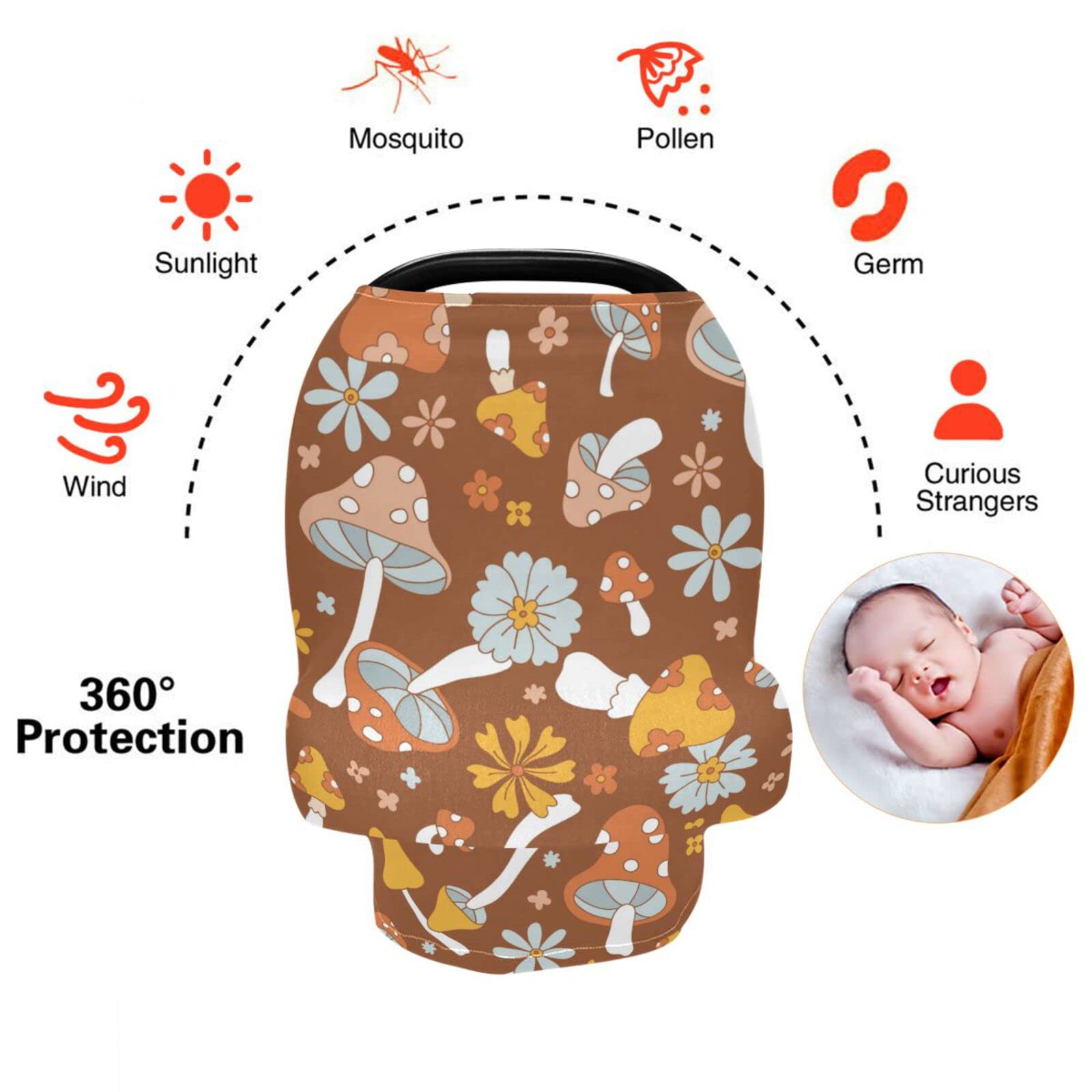 Kigai Soft Baby Car Seat Covers Retro Floral Mushrooms Canopy for Infants Strollers Canopies for Newborns Babies Nursing Apron Cover for Breastfeeding