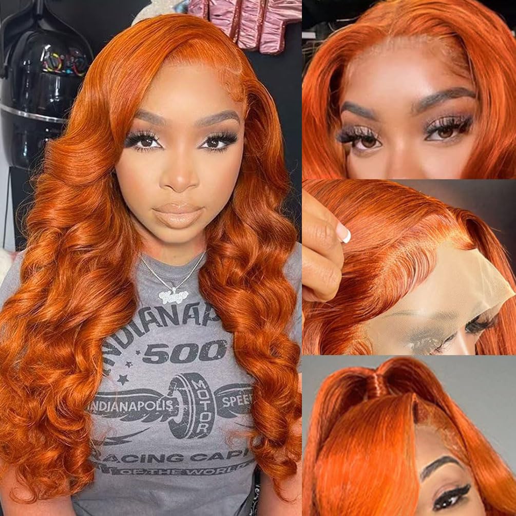 Eteenana Ginger Lace Front Wigs Human Hair Pre Plucked Body Wave 13x4 HD Transparent Lace Front Wigs Human Hair Colored 100% Brazilian Orange Glueless Human Hair Wigs for Women 180% Density (20 Inch)