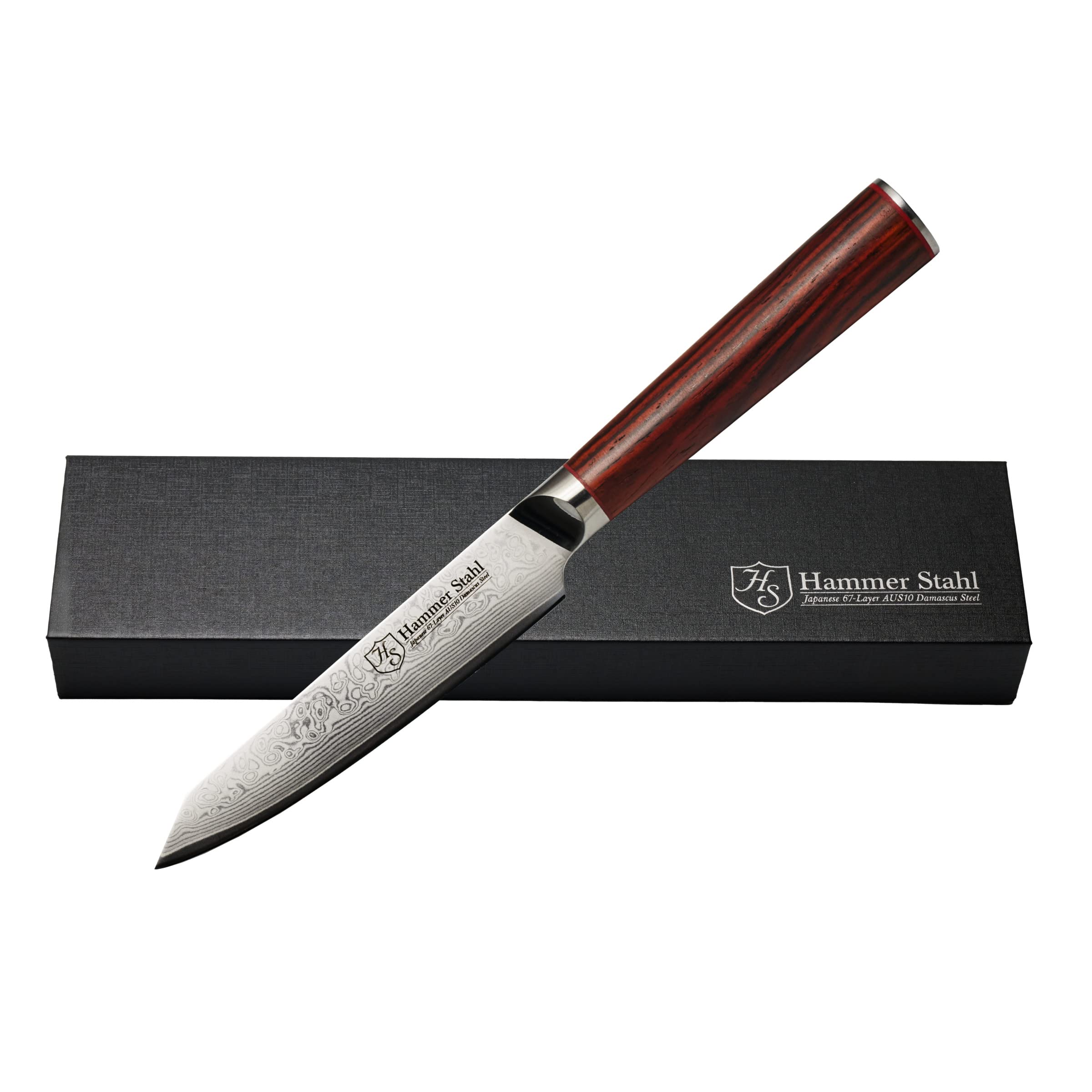 Hammer Stahl 5 Inch Damascus Utility Knife | Professional Utility Knife with Rosewood Handle | Petty Kitchen Knife Japanese Forged 67-Layer AUS10 Steel | Full-Tang Chef Utility Knife with Gift Box