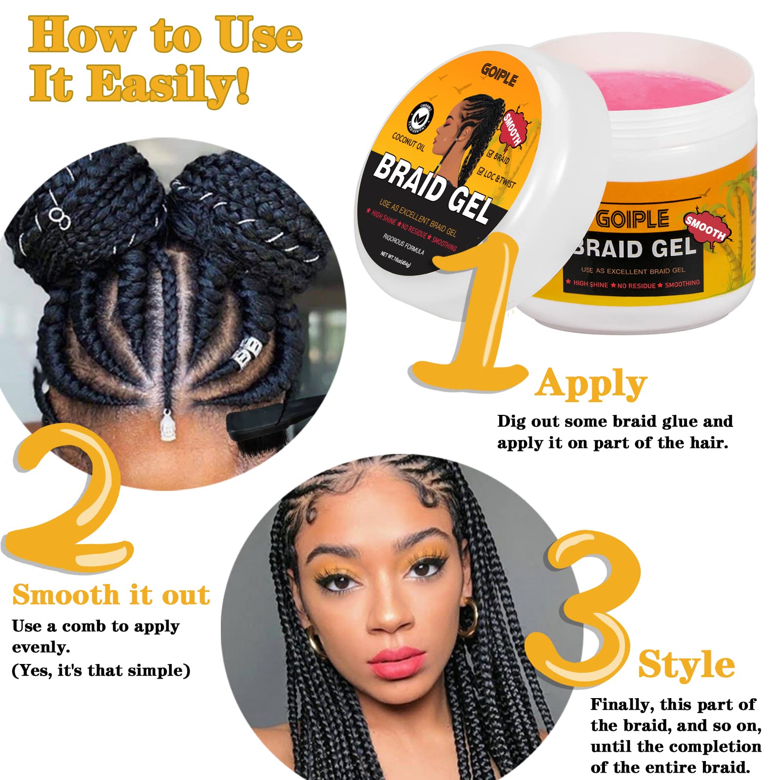 16 OZ Big Capacity Strong Hold Smoothing Gel for Twist, Locs, Braids, Edge, Cornrows - No Flake, Tames Frizz, High Shine, Easy to Use Braiding and Edge Control Gel