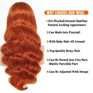 Eteenana Ginger Lace Front Wigs Human Hair Pre Plucked Body Wave 13x4 HD Transparent Lace Front Wigs Human Hair Colored 100% Brazilian Orange Glueless Human Hair Wigs for Women 180% Density (20 Inch)