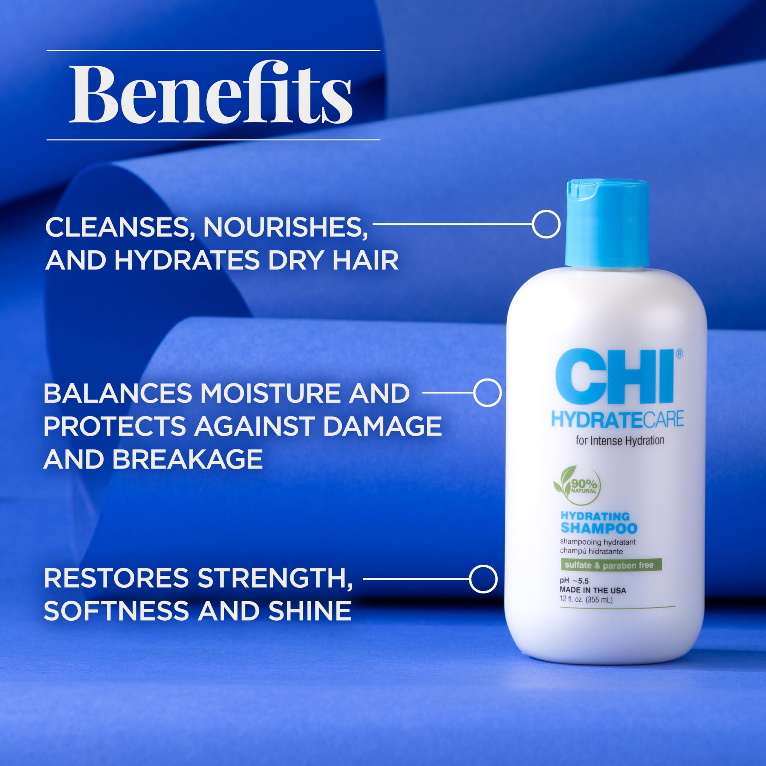 CHI HydrateCare Hydrating Shampoo, Balances Hair Moisture and Protects Against Damage and Hair Breakage, Sulfate, Paraben, & Cruelty-Free, 12 Oz