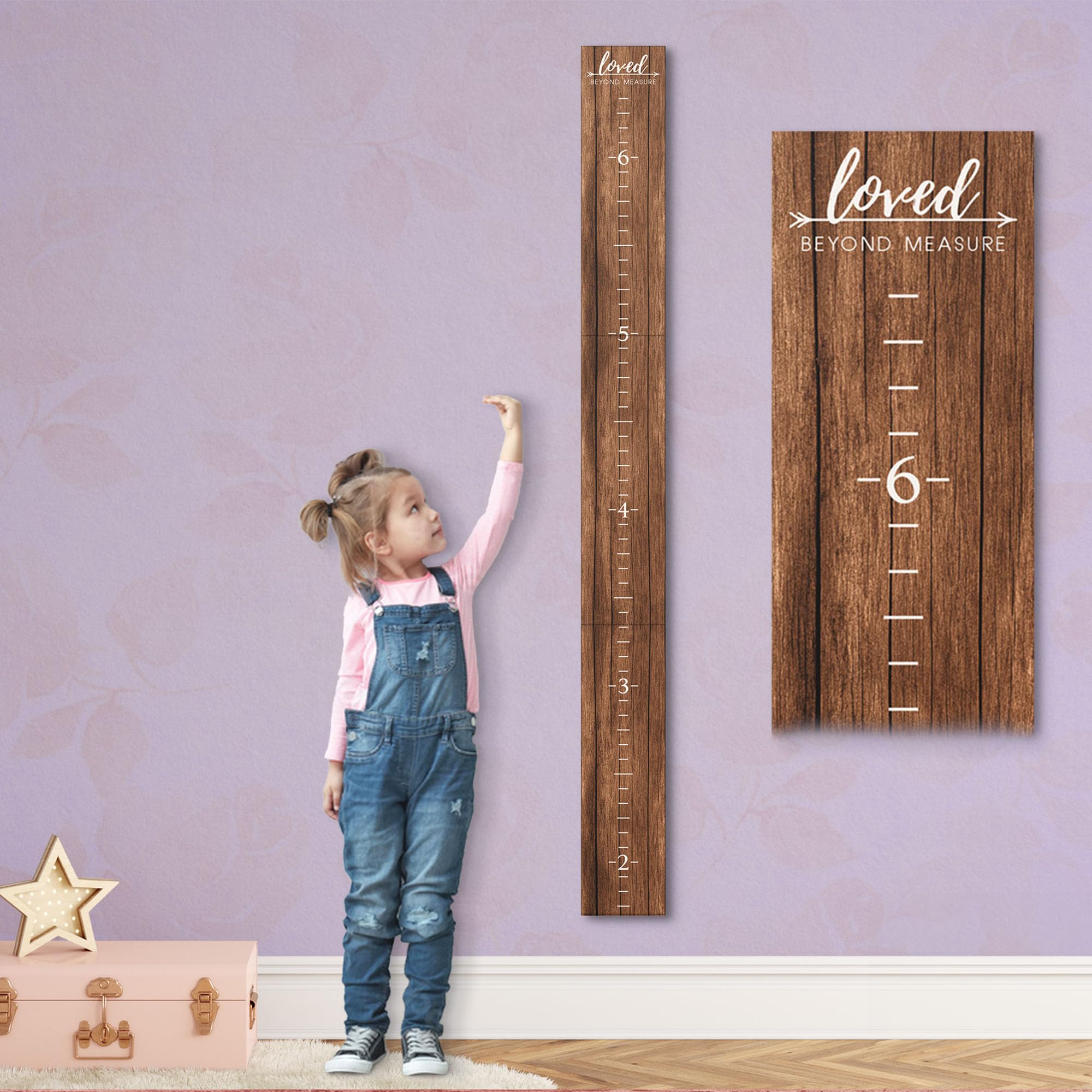 Farmhouse Style Wooden Kids Growth Chart Ruler for Boys and Girls (Rustic Brown - WHT)