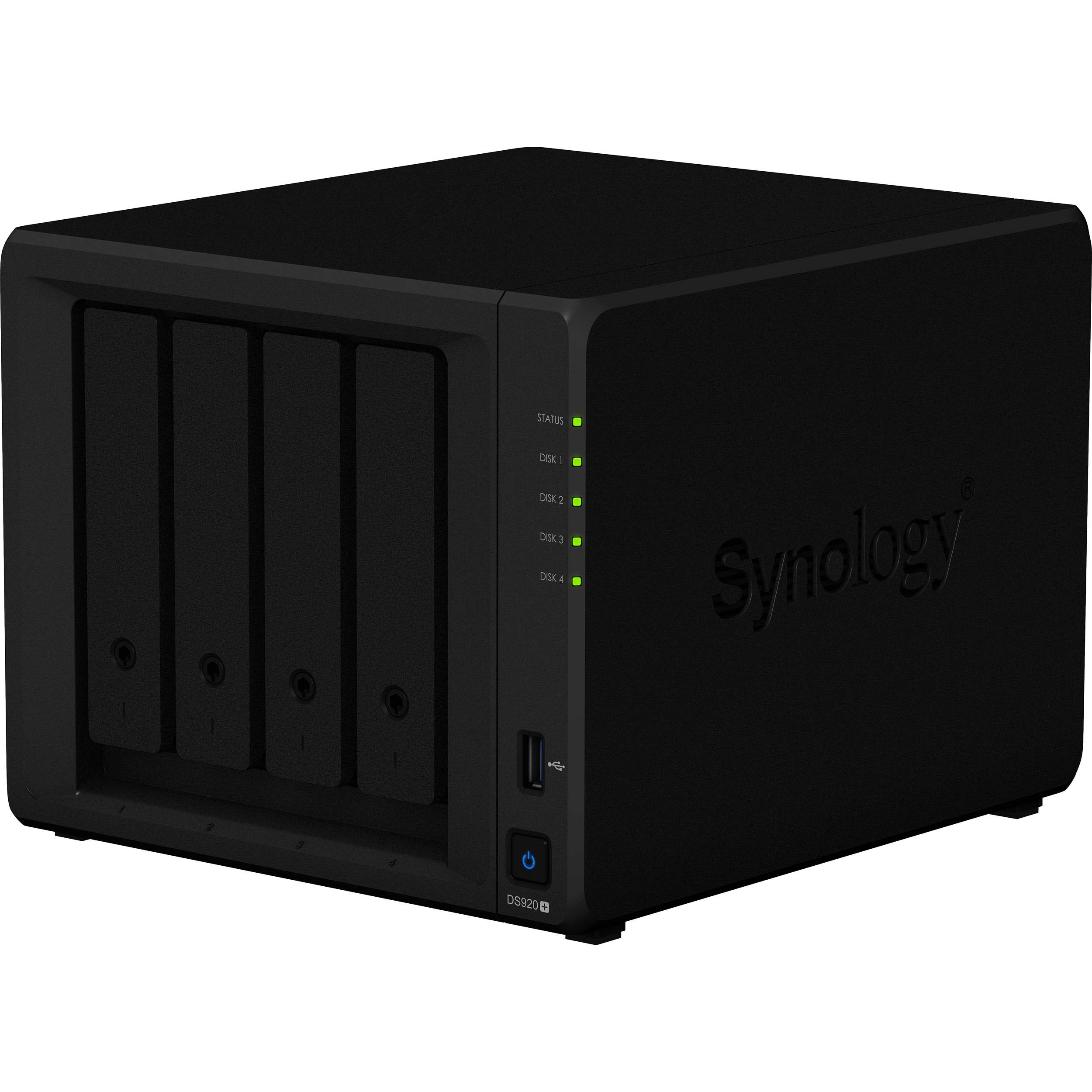 Synology DiskStation DS920+ NAS Server with Celeron 2.0GHz CPU, 8GB Memory, 72TB HDD Storage, 1TB M.2 NVMe SSD, 2 x 1GbE LAN Ports, DSM Operating System