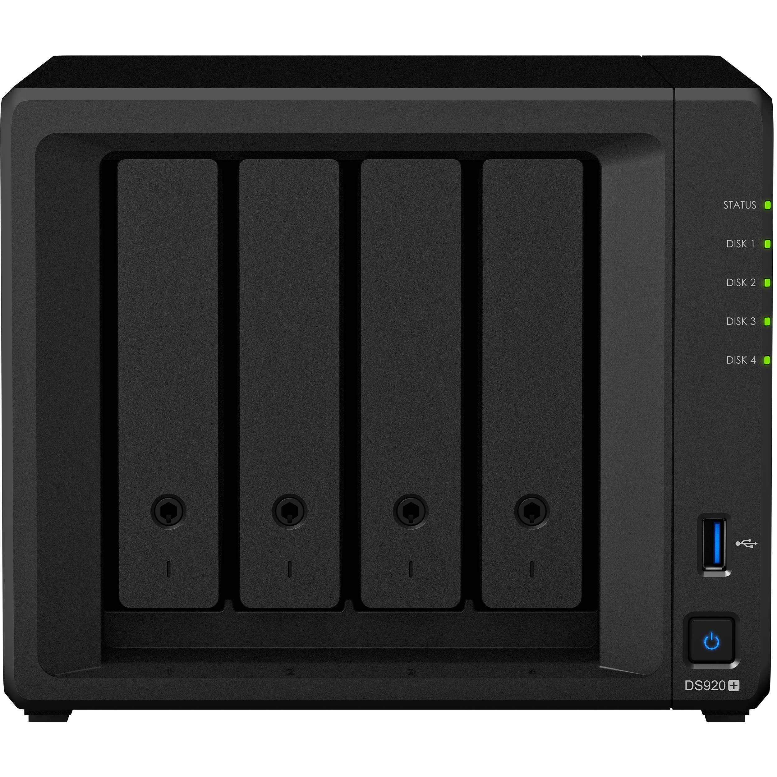 Synology DiskStation DS920+ NAS Server with Celeron 2.0GHz CPU, 8GB Memory, 72TB HDD Storage, 1TB M.2 NVMe SSD, 2 x 1GbE LAN Ports, DSM Operating System