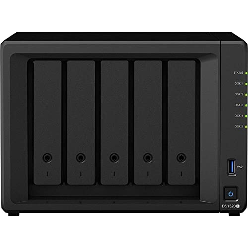 Synology DiskStation DS1520+ NAS Server with Celeron 2.0GHz CPU, 8GB Memory, 90TB HDD Storage, 1TB M.2 NVMe SSD, 4 x 1GbE LAN Ports, DSM Operating System