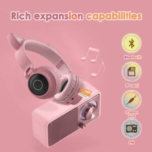 Cat Ear Kids Bluetooth Headphones Wired with Mic for School - Wireless Boy Girls Noise Cancelling Bluetooth Headphones Foldable Children Headsets for iPad Kindle Airplane Travel Tablet (Beige Pink)