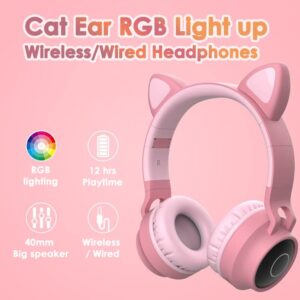 Cat Ear Kids Bluetooth Headphones Wired with Mic for School - Wireless Boy Girls Noise Cancelling Bluetooth Headphones Foldable Children Headsets for iPad Kindle Airplane Travel Tablet (Beige Pink)