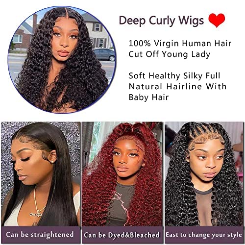 Fazhixiu 13x4 Lace Front Wigs Human Hair Deep Curly Lace Frontal Wigs Glueless Pre Plukced With Baby Hair HD Transparent Unprocessed180% Density Brazilian Virgin Human Hair Wigs Natural Color 20 inch