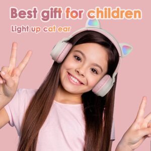 Cat Ear Kids Bluetooth Headphones Wired with Mic for School - Wireless Boy Girls Noise Cancelling Bluetooth Headphones Foldable Children Headsets for iPad Kindle Airplane Travel Tablet (Beige Pink)