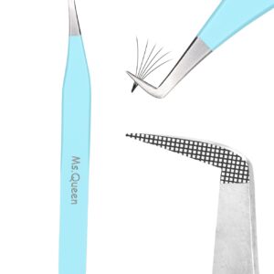 Ms.Queen Volume Tweezers For Eyelash Extensions, Fiber Tip Grip Lash Tweezers L-Shape Boot Mega Volume Mink Lashes Tweezers, Blue