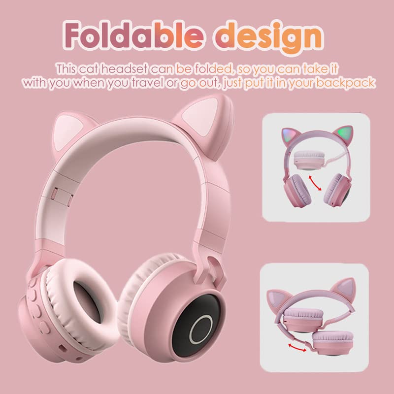 Cat Ear Kids Bluetooth Headphones Wired with Mic for School - Wireless Boy Girls Noise Cancelling Bluetooth Headphones Foldable Children Headsets for iPad Kindle Airplane Travel Tablet (Beige Pink)