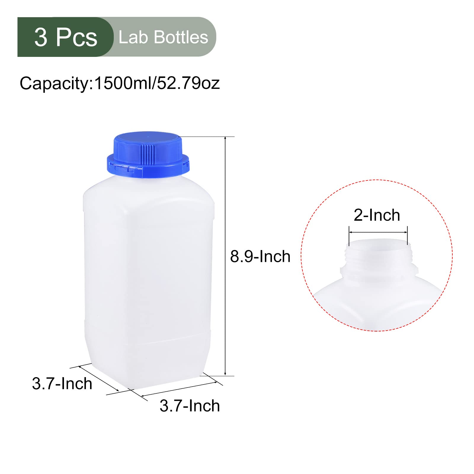 YOKIVE 3 Pcs Lab Chemical Bottle, Plastic Containers with Wide Mouth | Reagent Sample Sealing, Great for Laboratory, Store, Factory (Translucent, 1500-ML)