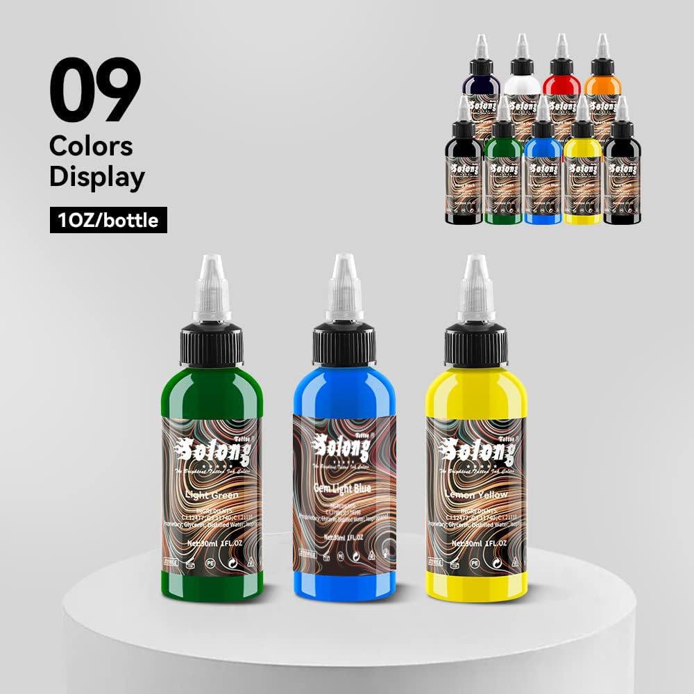 9PCS Tattoo Ink Color Set, 1oz (30ml) Tattoo Supply USA Pigment Kit Solong Tattoo Ink Set TI302S-30-9