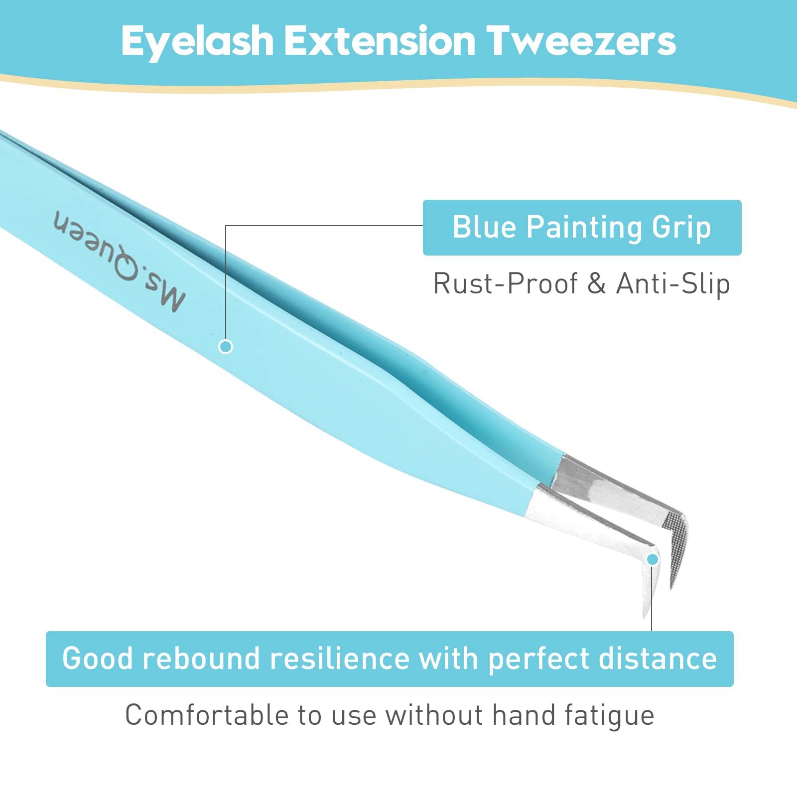 Ms.Queen Volume Tweezers For Eyelash Extensions, Fiber Tip Grip Lash Tweezers L-Shape Boot Mega Volume Mink Lashes Tweezers, Blue