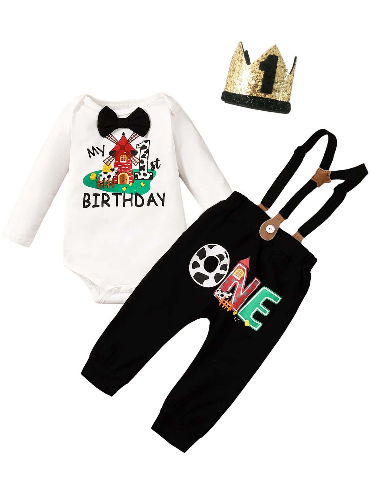 Baby Boy Birthday Outfit 1st Birthday Outfit Boy Farm 1st Birthday Outfit (Black,12-18 Months)