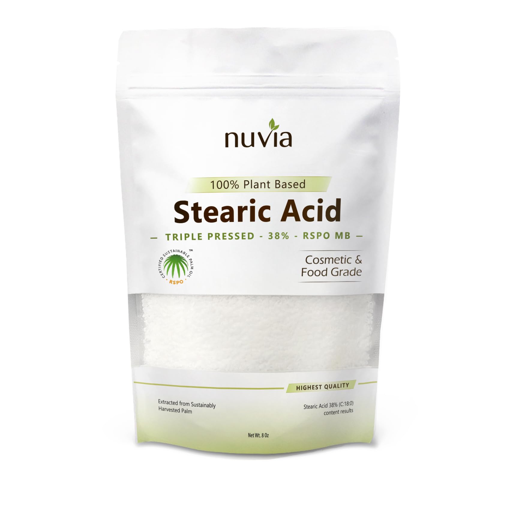 Nuvia Organics Stearic Acid - 100% Plant Based, Food Grade, Triple Pressed, Certified Sustainable 8oz