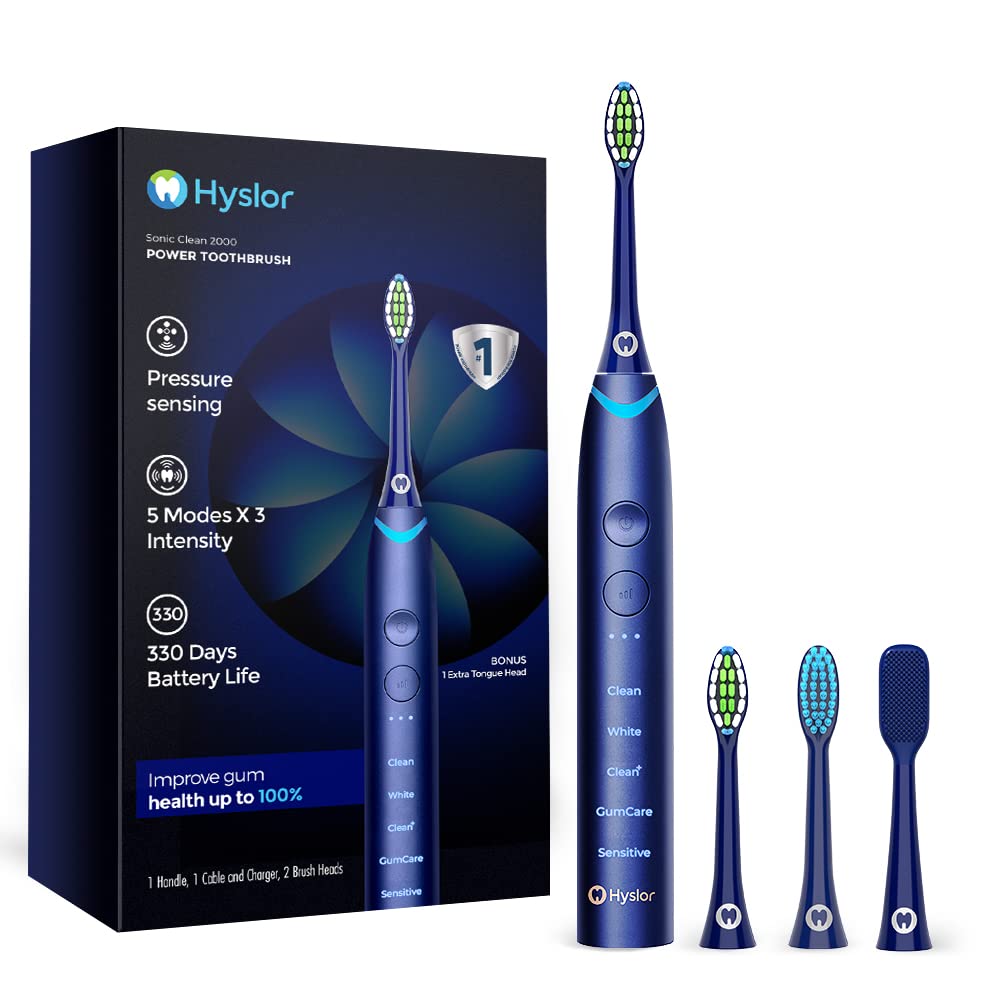 Hyslor Electric Toothbrush, Sonic Electric Toothbrush for Adults, 330 Days on Single Charge, 5 Modes & 3 Intensity Levels, Pressure Sensor, 2-Minute Timer, 30-Second Interval, Smart Memory Mode, IPX7