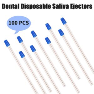 Bag of 100 Dental Disposable Saliva Ejectors Dental Suction Tips, Saliva Aspirator Tube & Evacuation Suction Tips, Clear Body with White/Blue Tips (Blue)