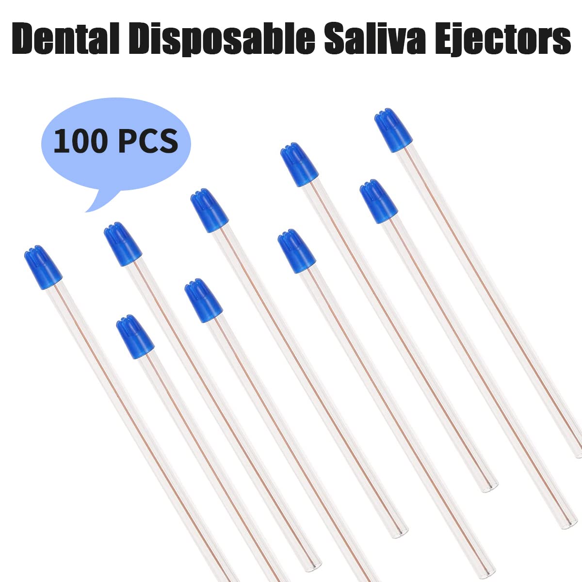 Bag of 100 Dental Disposable Saliva Ejectors Dental Suction Tips, Saliva Aspirator Tube & Evacuation Suction Tips, Clear Body with White/Blue Tips (Blue)