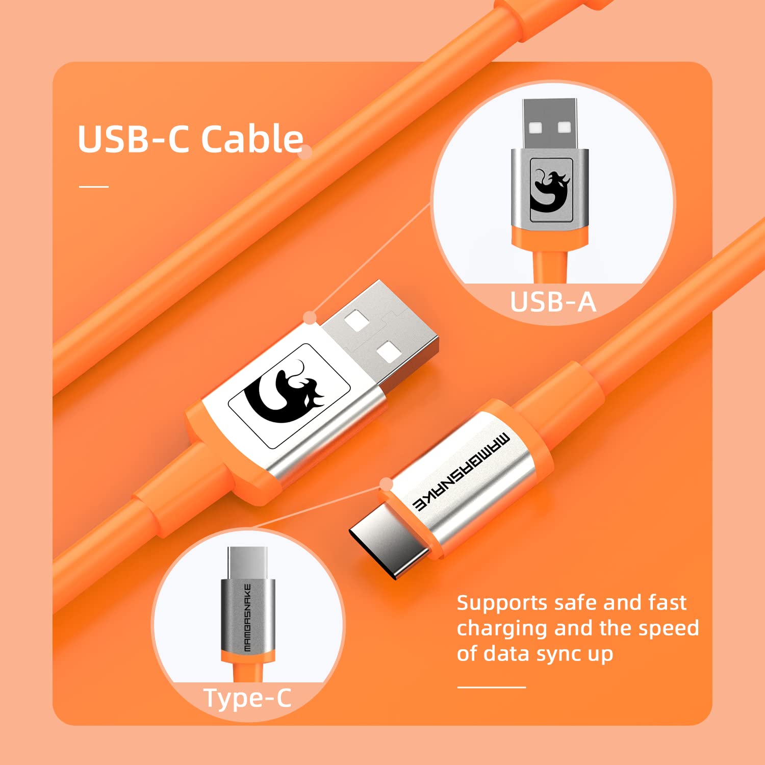 LexonElec Gaming Keyboard Cable, USB-Type C Dual Sleeve Stable Connection Mechanical Keyboard Cable, 2.0M (0.66 ft.) with Detachable Metal Flyer, Not Easy to Knot for PC Gamers(Orange)