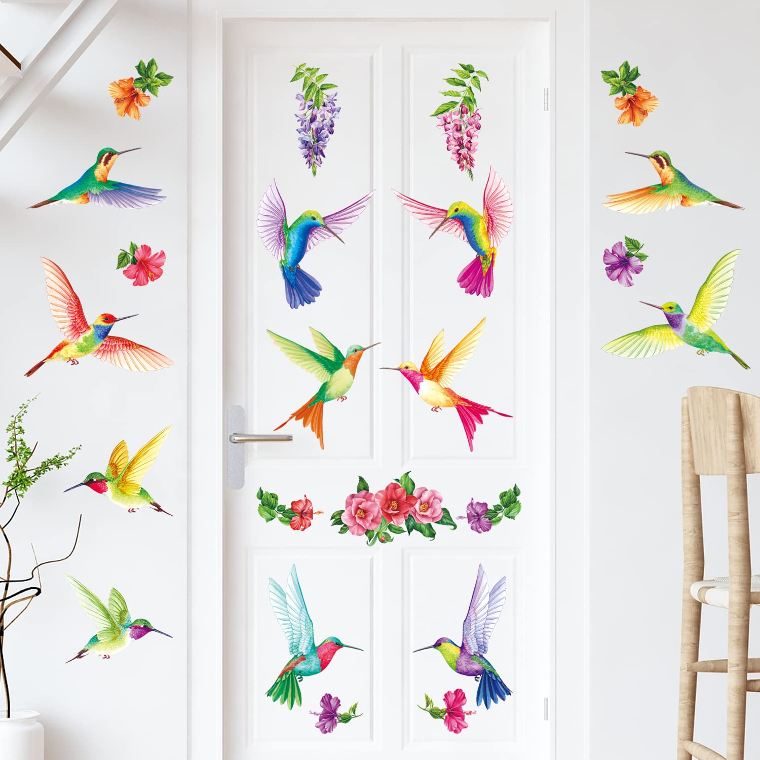 DECOWALL DS-8060 Tropical Flowers and Hummingbirds Wall Decals Stickers Room Bedroom Living décor Art Bird murals Removable Leaf Tree Vinyl Nursery Stick Window Home Peel DIY Kids Flying Decorations