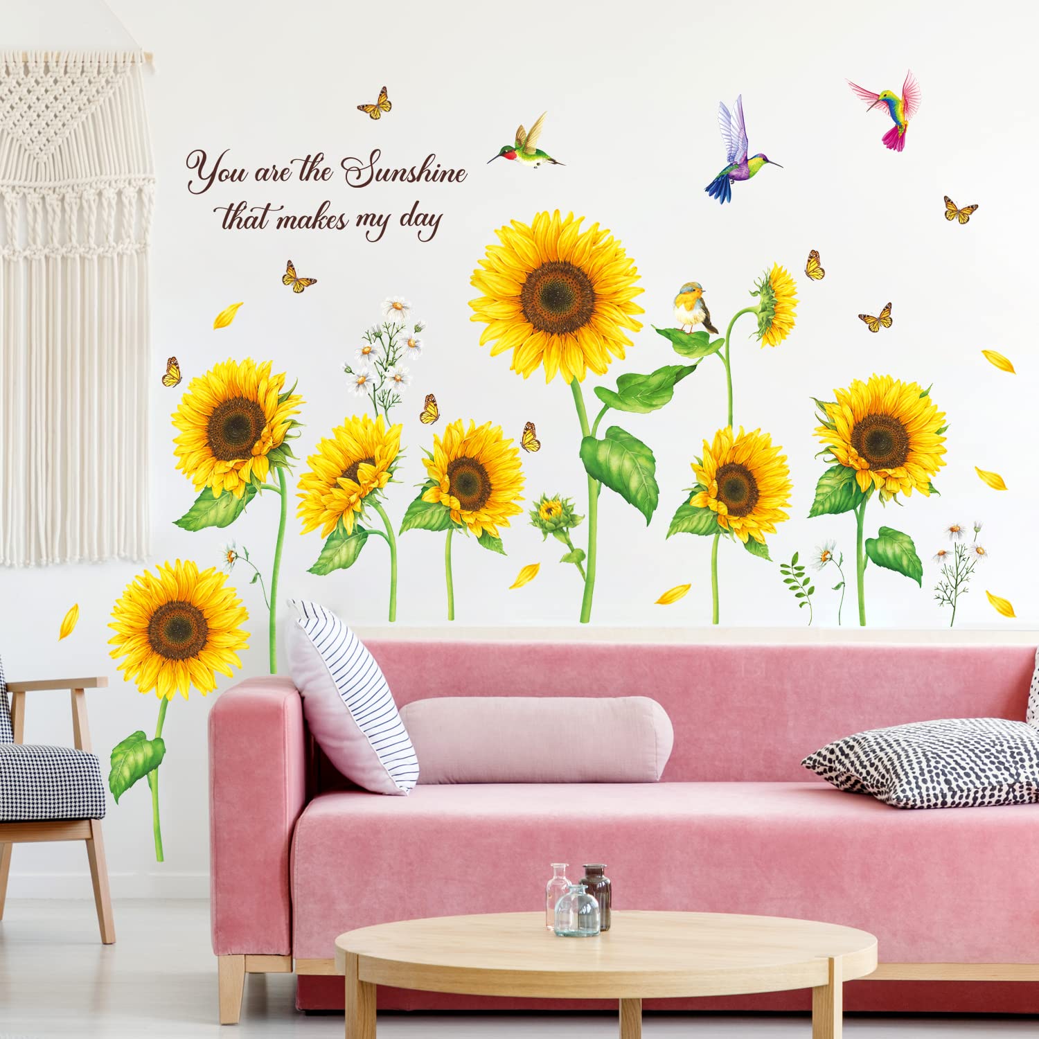 DECOWALL DS9-8062 Sunflowers with Butterflies Wall Decals Stickers Room décor Bedroom Living Art Removable Butterfly Home Decal Flower Inspirational Mural Decorations DIY Baby Garden Sunshine