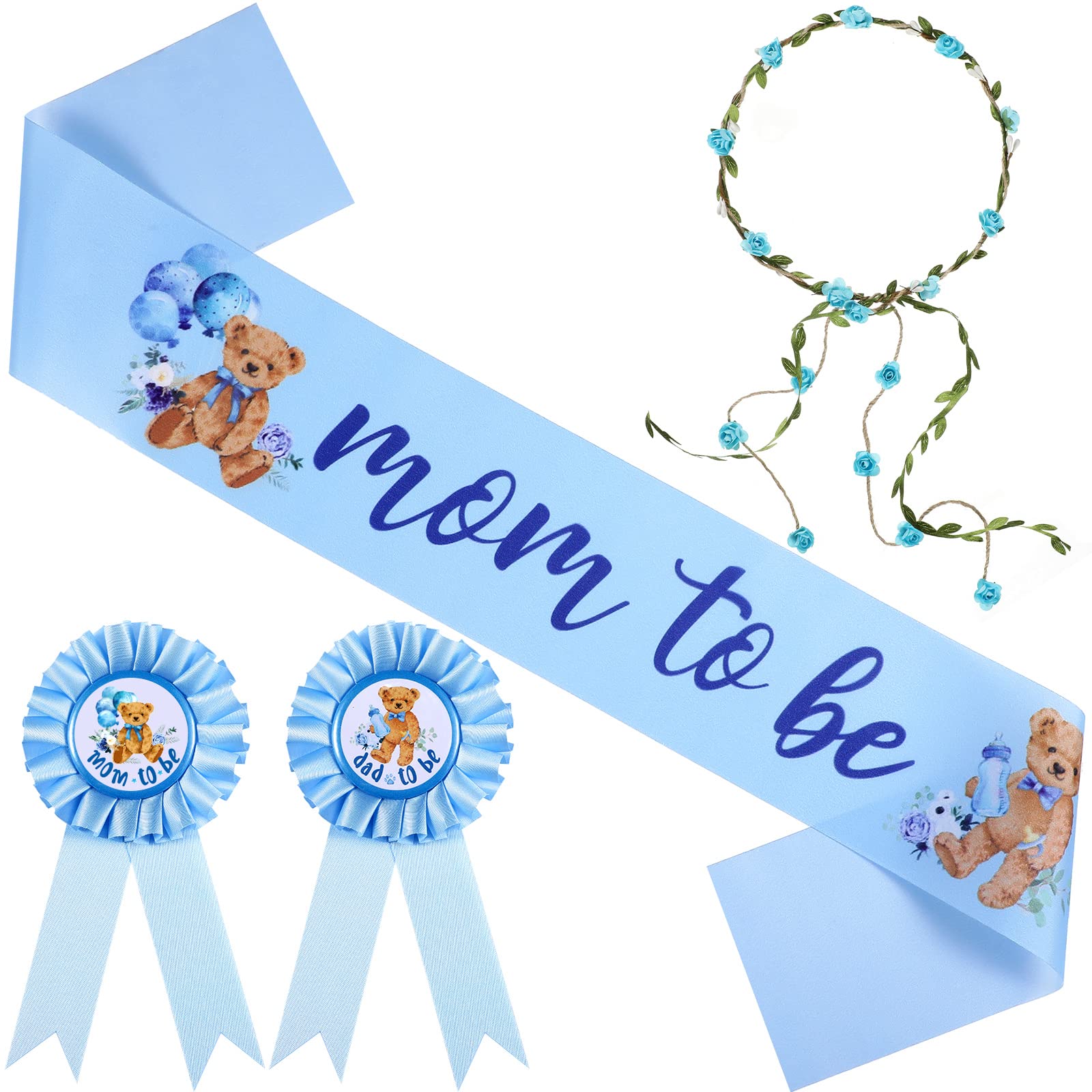 Bear Theme Blue Mom to Be Sash Baby Shower Dad to Be Pin and Flower Crown Headband for Gender Reveals Party Baby Shower Party Favors Decorations for Boys and Girls Pregnancy Props Keepsake Gifts