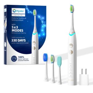 hyslor electric toothbrush, sonic electric toothbrush for adult, 330 days use on one charge, 5 modes 3 intensity levels, pressure sensor, 2 minute timer, 30 second interval, smart memory mode, ipx7