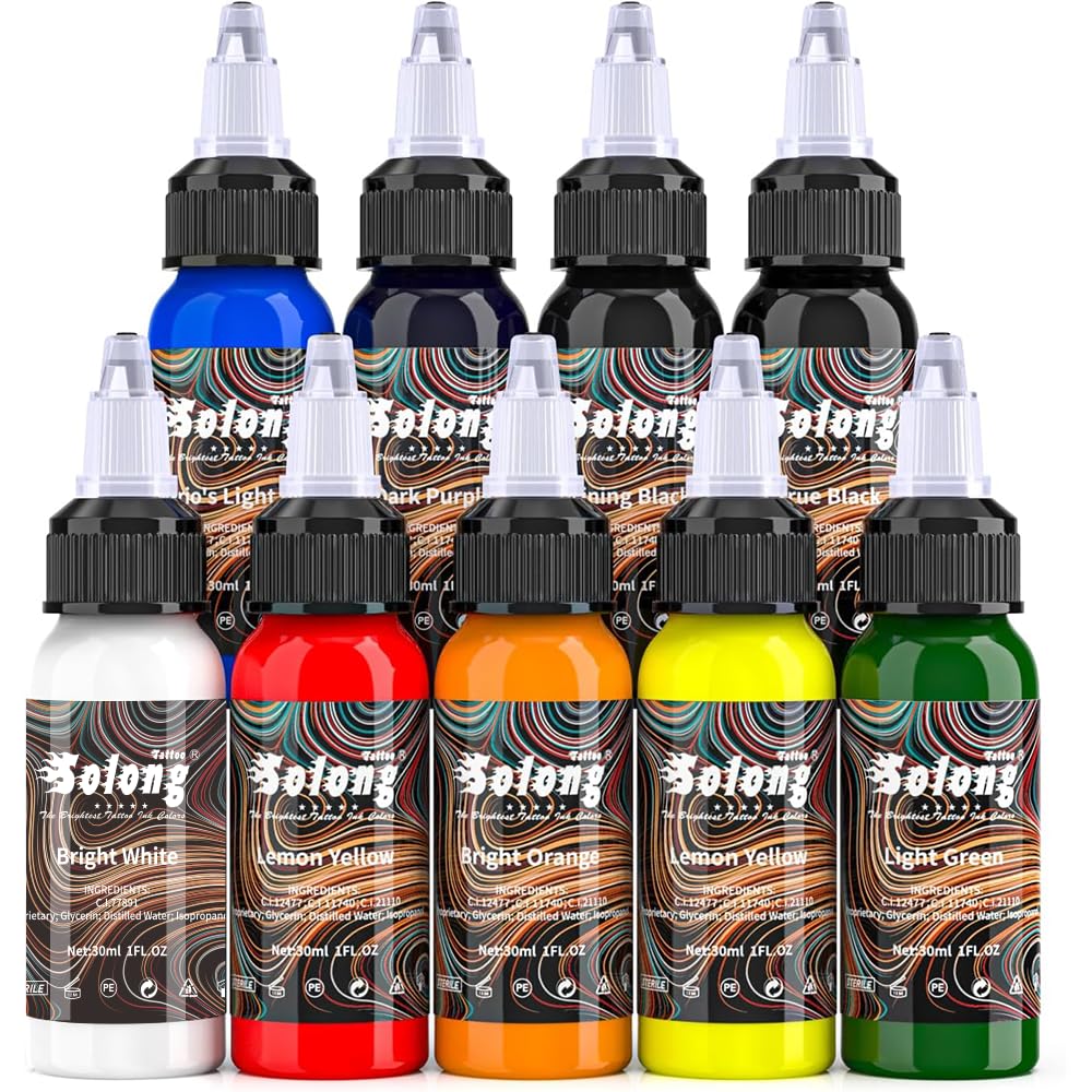 9PCS Tattoo Ink Color Set, 1oz (30ml) Tattoo Supply USA Pigment Kit Solong Tattoo Ink Set TI302S-30-9