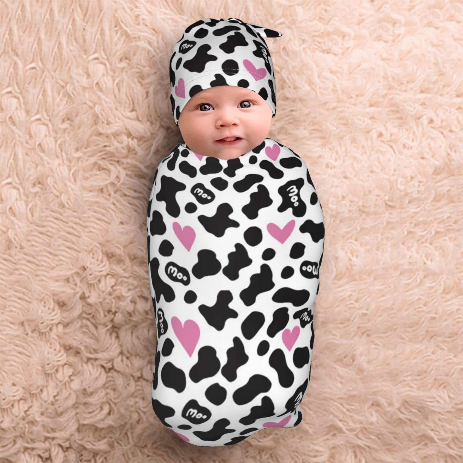 Cow Print Pink Heart Baby Stuff Newborn Swaddle and Hat Set Stretchy Soft Funny Baby Receiving Blanket Gifts for Infant Baby Boy Girl