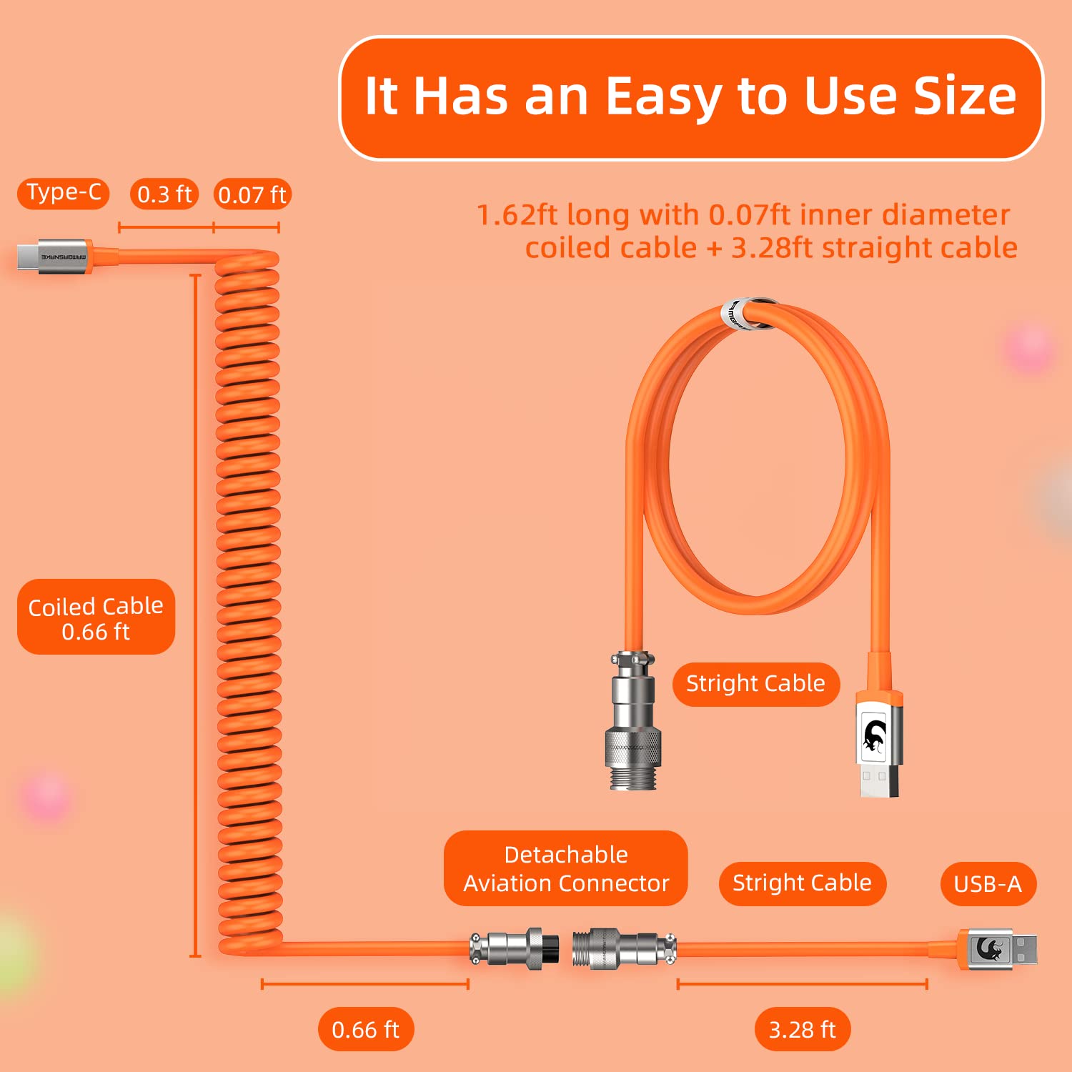 LexonElec Gaming Keyboard Cable, USB-Type C Dual Sleeve Stable Connection Mechanical Keyboard Cable, 2.0M (0.66 ft.) with Detachable Metal Flyer, Not Easy to Knot for PC Gamers(Orange)