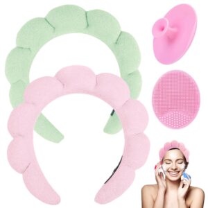 ruiwen hair spa headband for washing face, 3 pink+light green terry cloth headbands, facial exfoliator, face scrubber, bubble soft puffy skincare headbands for makeup removal, women's product