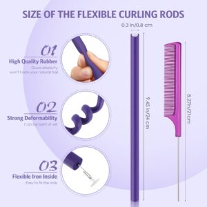 60 Pieces Flexible Curling Rods and Hair Curlers Rollers Set - Twist Rods for Long and Short Hair, No Heat Required (Purple, 0.3 x 9.5 Inch)