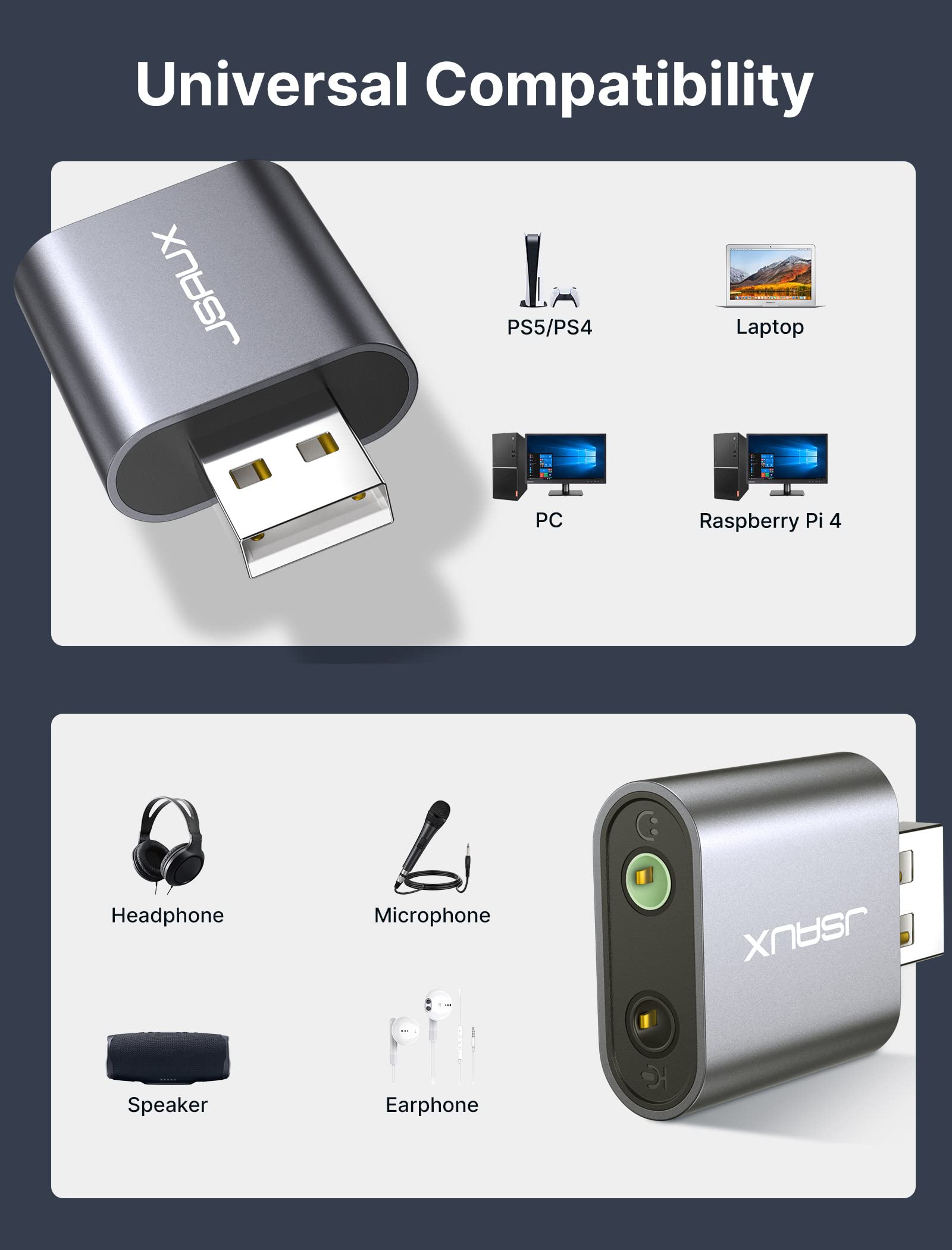 USB Audio Adapter, JSAUX USB to Audio Jack Sound Card Adapter with 3.5mm TRRS Headphone and Microphone External USB Sound Card Compatible with Laptop, Desktops, Windows, MAC, Linux, PC, PS5, PS4