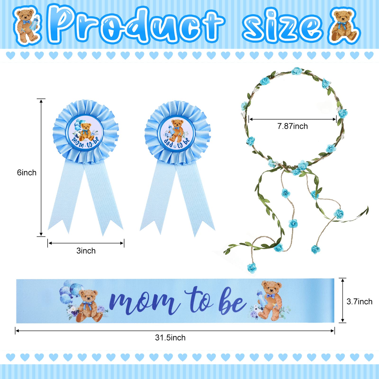 Bear Theme Blue Mom to Be Sash Baby Shower Dad to Be Pin and Flower Crown Headband for Gender Reveals Party Baby Shower Party Favors Decorations for Boys and Girls Pregnancy Props Keepsake Gifts