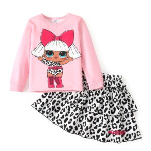 L.O.L. Surprise! Girls 2pcs Print Tee and Leopard Layered Skirt Set Casual Long Sleeve T-shirt and Cake Skirt Party Outfit Pink 5-6 Years